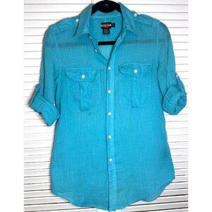 Ralph Lauren Rugby Womens Boyfriend Button Down Turquiose Blouse Roll Tab Size 0